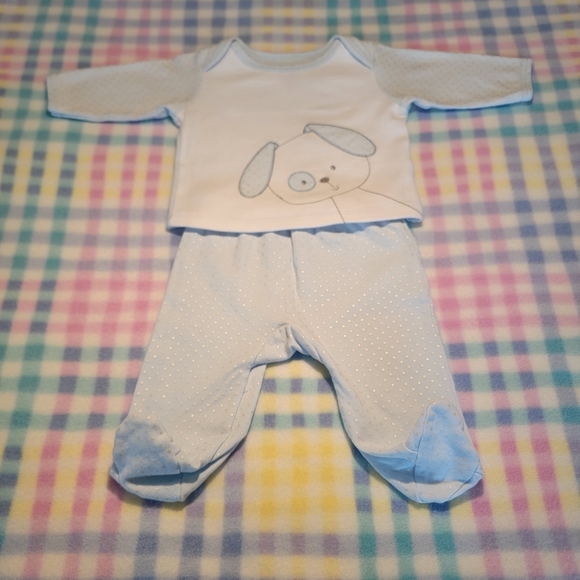LITTLE TOTS 🐾 2pc Blue 'n White Embroidered Doggie Silver Polka Dot Outfit 0-3M - Picture 15 of 17